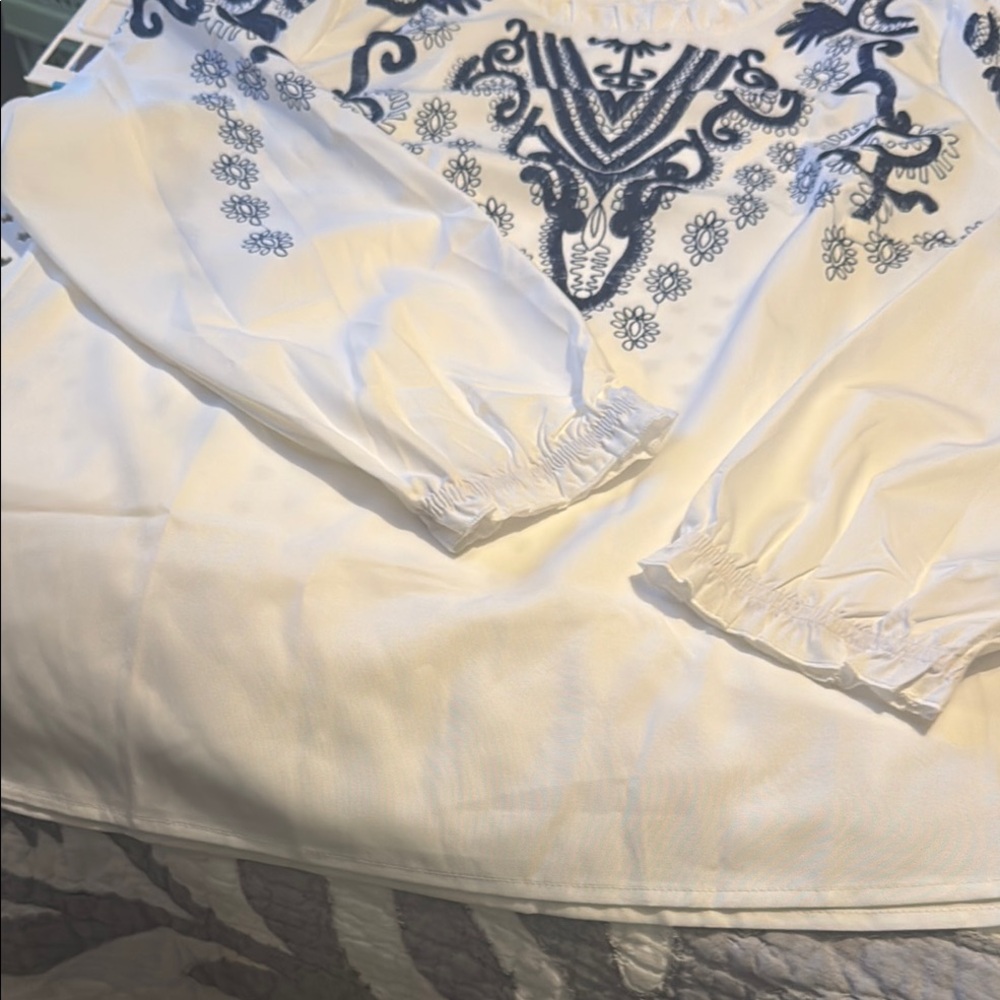 White and Blue Embellished Bib Collar Blouse